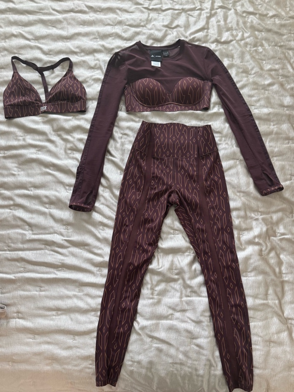 Brown Patterned 3-Piece IVY PARK Set - Long Sleeve Crop, Leggings & Bra
